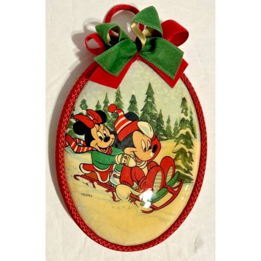Vtg Disney Tomorrow Today Co  Christmas Ornament Mickey Minnie Sledding 5.5" USA
